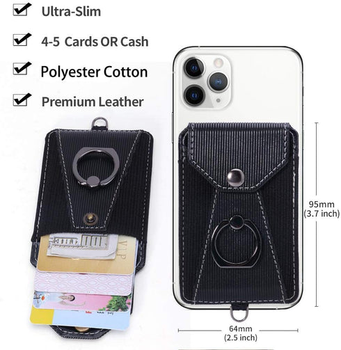 Cell Phone Card Holder, Adhesive Stick-on Credit Card Wallet Pocket with Detachable Neck Strap - Black