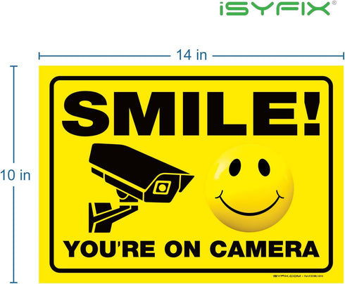 iSYFIX Smile You're on Camera Stickers for Business - 2 Pack 14x10 Inch - Self-Adhesive Vinyl, Laminated for UV Protection, Weather, Fade Resistance, Security Camera Sign for Home, Business, CCTV by iSYFIX