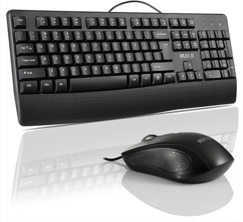 Wired Keyboard and Mouse Combo, 104 Keys Full-Size Ergonomic Computer Keyboard with Palm Rest, USB Plug-and-Play, Black