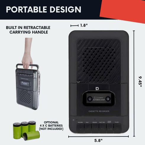 Portable Cassette Player Tape Recorder, Record to Cassettes via Mic or Aux, Built-in Speaker, Includes External Mic,