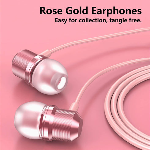 Rose Gold Earbuds: Girls Pink Wired Earphones with Mic & Volume Control, 3.5mm for Smartphones, MP3, Tablet, Laptop.