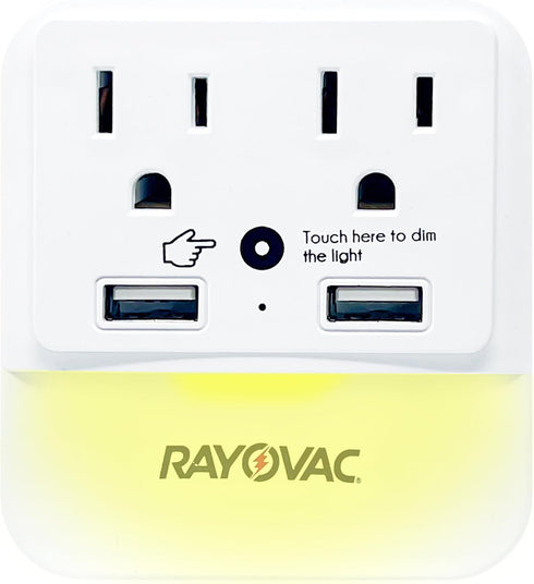 Rayovac Surge Protector with Night Light, 2 Outlet Power Strip with 2 USB-A Ports Adapter for Home, School, or Office