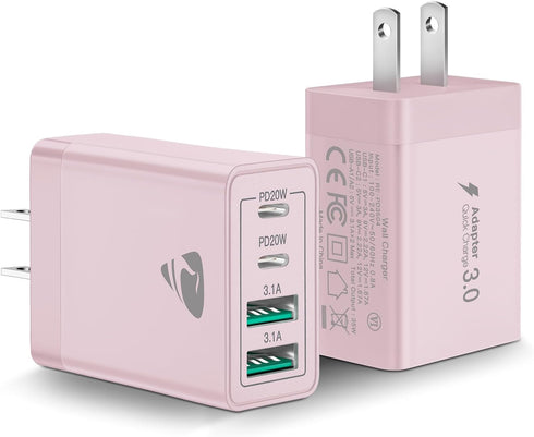 40W USB C Charger Cube, 2-Pack Fast Charging Block, 4-Port QC Wall Plug + PD 3.0 Power Adapter for iPhone, iPad, Samsung