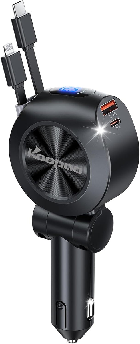Retractable Car Charger, KOOPAO 69W 4 in 1 Fast Charging Adapter with Multi USB C Cables for iPhone 15/14/13/12/11