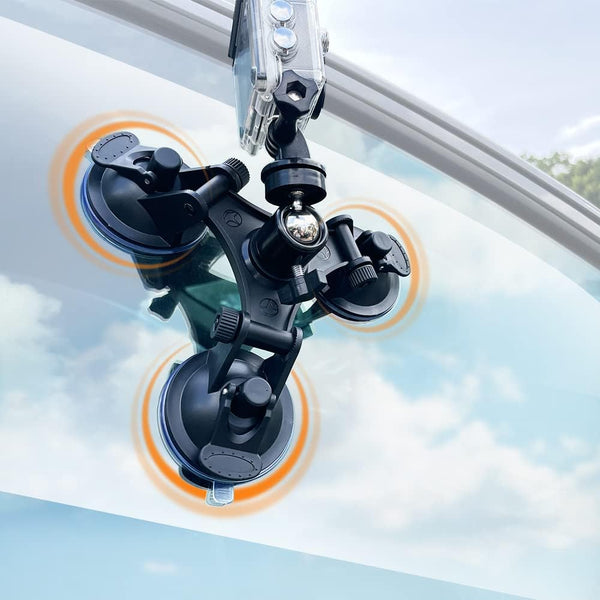 Action Camera Car Windshield Mount with Triple Suction Cup Holder, 360 Degree Tripod Ball Head & Screw for GoPro, DJI