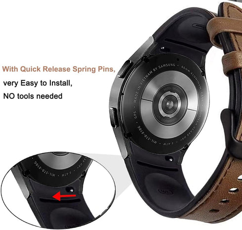 No Gaps Band Genuine Leather with Silicone Replacement Strap for Samsung Galaxy Watch 6/5/4 40mm 44mm, 5 Pro/Classic