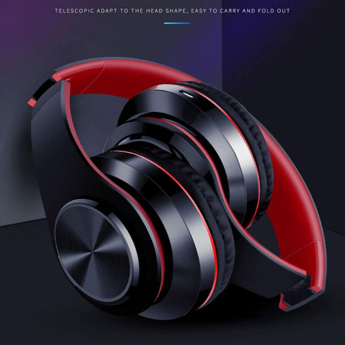 Wireless Bluetooth Headphones with Colorful LED Lights, Foldable HiFi Stereo for Home Office and Kids (Black Red)