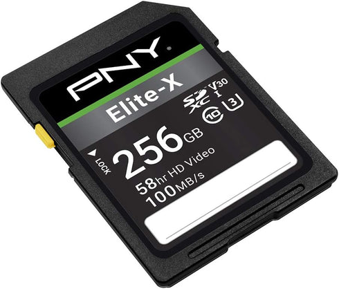 PNY 256GB Elite-X Class 10 U3 V30 SDXC Flash Memory Card, 100MB/s, 4K UHD, Full HD, UHS-I, Full Size SD