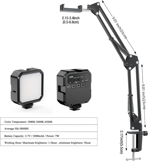 Overhead Phone Mount, Articulating Arm Cell Phone Holder with LED Light, Flexible Phone Stand for Live Streaming, Video