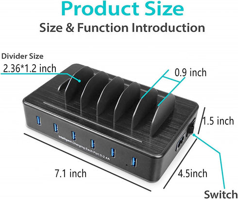 Charging Station for Multiple Devices, 50W 6 USB Ports Family Charger Compatible with Apple iPhone iPad and Android