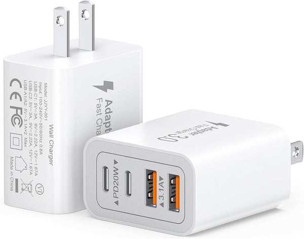 40W USB C Charger Block, 2-Pack 4-Port Type C Fast Charging Brick Dual PD&QC Wall Plug Adapter for iPhone, iPad & More.