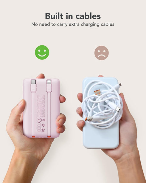 Mini Portable Charger with Built-in Cables, 22.5W Fast Charging Power Bank 10000mAh for iPhone, Samsung, Android