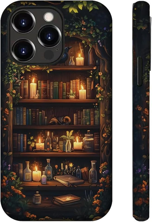 OTTRZMTER Case for iPhone 15,Hybrid 2-Layer Hard Shell Forest Floral Flower Bookshelf Phone