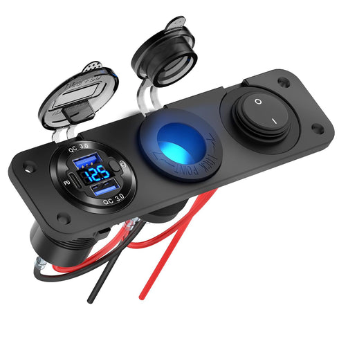 12V USB Outlet Boat Accessories, PD3.0 Dual QC3.0 USB Ports Aluminum Car Charger with Voltmeter and 150W Cigarette