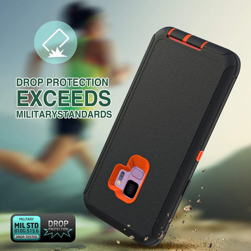 Heavy-Duty Case for Samsung Galaxy S9 Plus, Rugged Shockproof Drop Protective Cover - Black + Orange