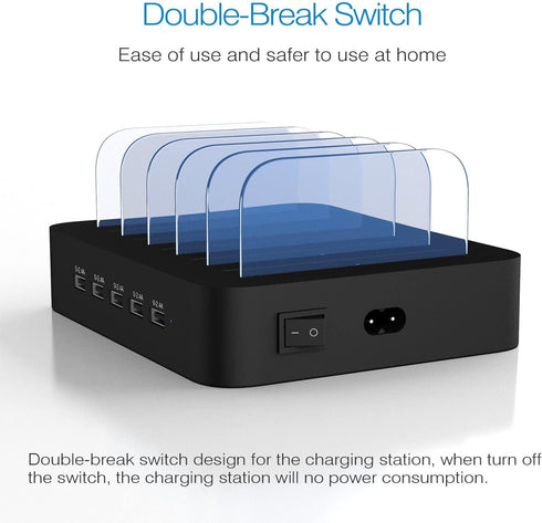 MSTJRY Charging Station Dock for Multiple Devices, 5 Port USB-A Charging Station for iPhone, iPad, Cell Phones, Tablets