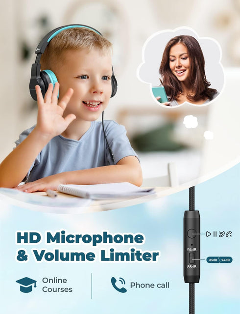 iClever HS19 Kids Headphones - Over-Ear, Volume Limiter 85/94dB, Foldable, Shareport, Wired for iPad/Travel (Black)