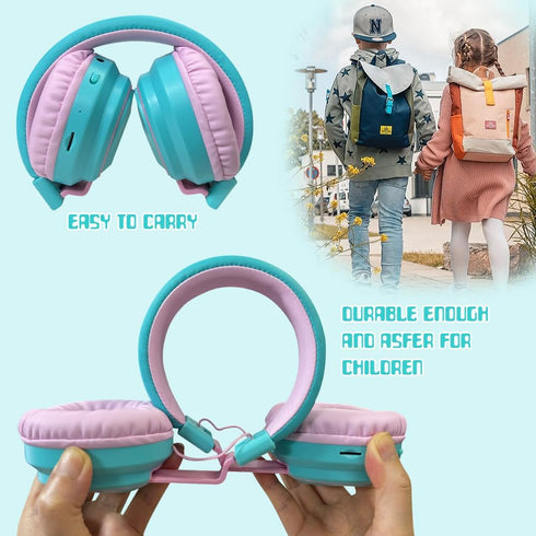 Kids Bluetooth Headphones, Wireless 60H Play Time, Volume Limited 85/110dB Over Ear Headset with Mic (Cyan)