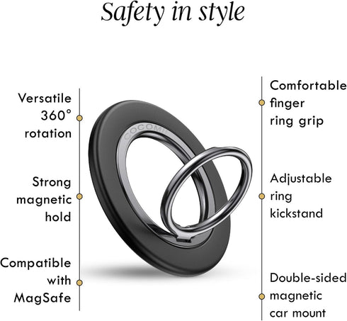 COCOMII 360 Magnetic Phone Ring Holder for MagSafe, Rotation Finger Grip Stand, Matte Black