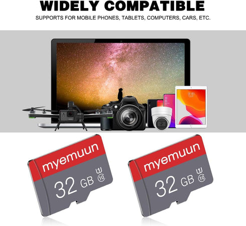 myemuun 2 Pack 32 10, (32GB*2) GB Micro Memory Card with Adapter, TF Memory Card Class Mini Memory Card