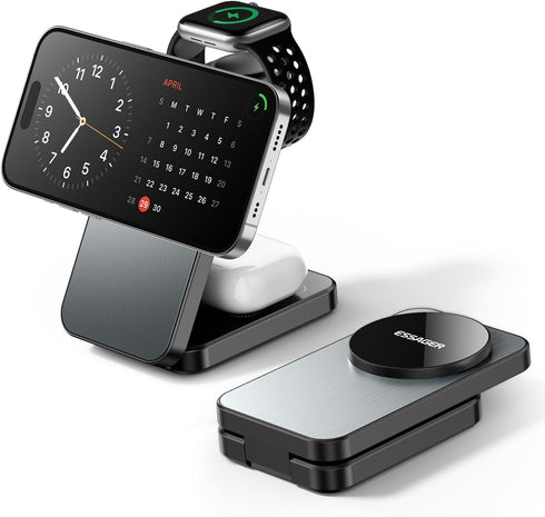 ESSAGER 3 in 1 Foldable Travel Wireless Charger, 15W Magnetic Charging Station for iPhone 16/15/14/13/12 Series, 20W