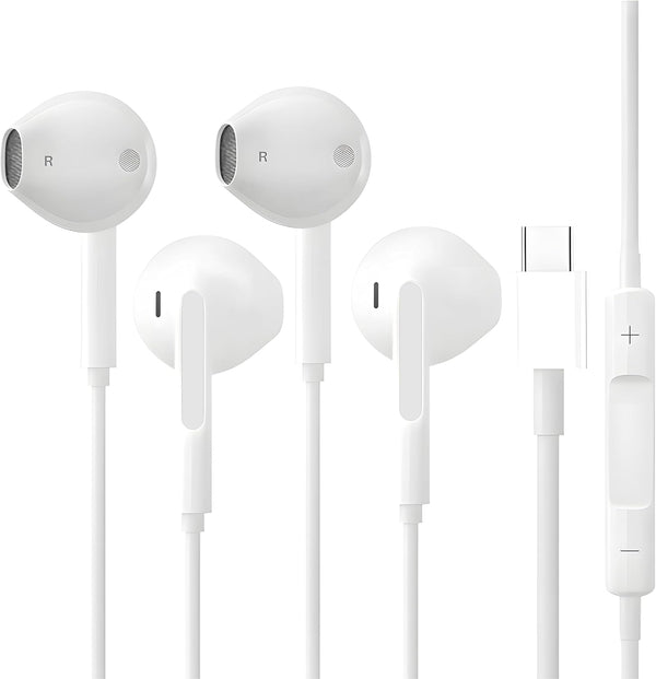 USB C Headphones 2 Pack for iPhone 15 Pro Max, Samsung Galaxy S23, Pixel - Wired Earbuds with Microphone & Noise