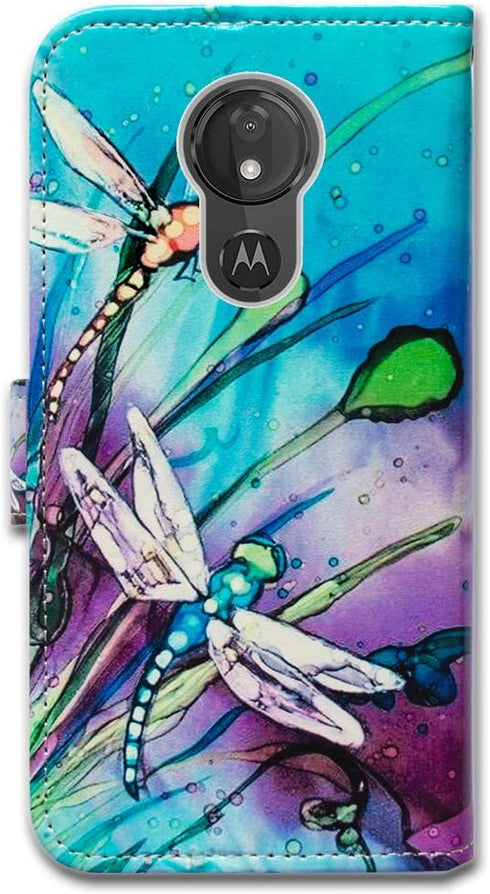 Case for Moto G7 Power/Supra, Cute Dragonfly Leather Flip Wallet Cover with Card Slot Holder for Motorola