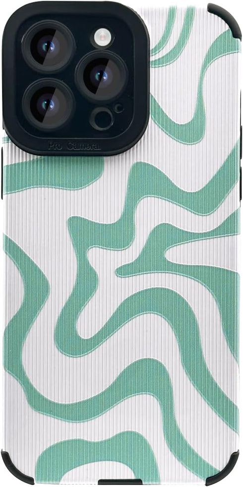 Cute Green White Wave Design iPhone 13 Pro Max Case for Women, Slim Shockproof PU Leather TPU, 6.7" Protection.