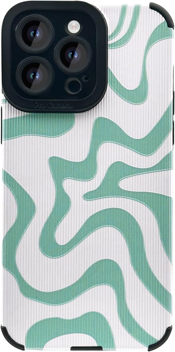 Cute Green White Wave Design iPhone 13 Pro Max Case for Women, Slim Shockproof PU Leather TPU, 6.7" Protection.