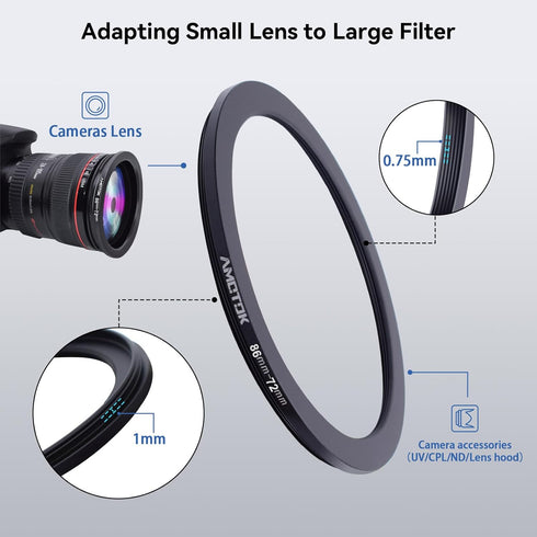 86mm to 72mm Camera Lens Adapter, 86mm-72mm Filter Step-down Ring, Compatible with 72mm Filter Accessory