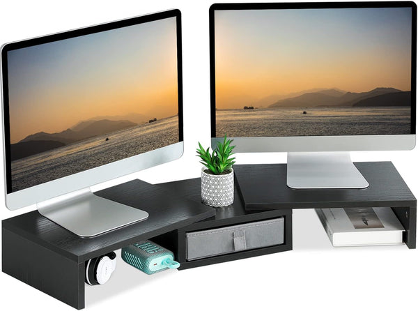 TEAMIX Dual Monitor Stand Riser with Drawer, Adjustable Length and Angle, 37 inch Long Monitor Riser for 2 Monitors