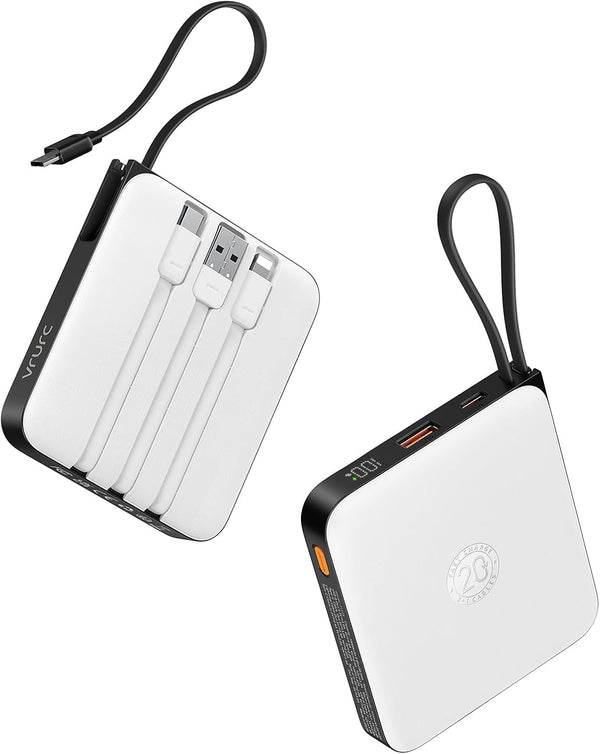 VRURC Portable Charger with Built-in Cables, 10000mAh Battery Pack PD 20W for iPhone, 22.5W USB C Travel Power Bank