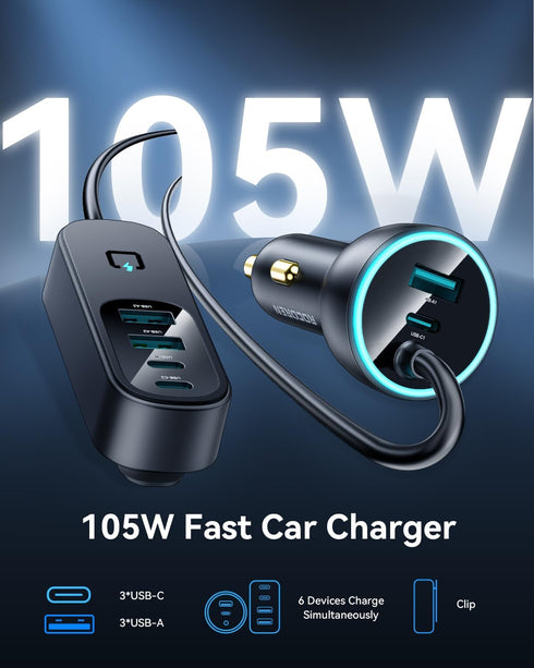 Rocoren 105W USB C Car Charger 6-Port for Family Travel, PD 35W & QC3.0 30W Super Fast Charging for Multiple Devices