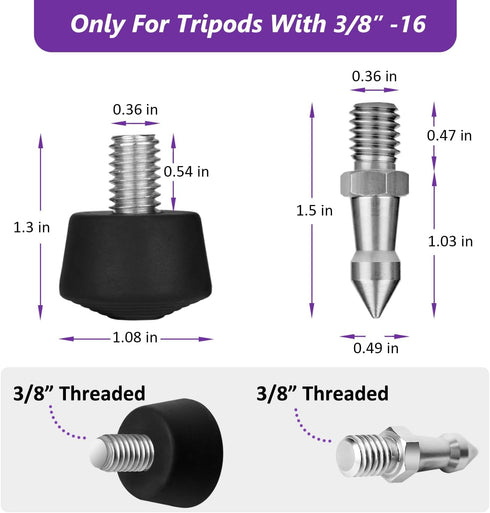 Rigych 6 3/8-16 Pcs Tripod Spike Feet - Thread, Rubber & Stainless Steel Spike Feet, Universal Anti-Slip