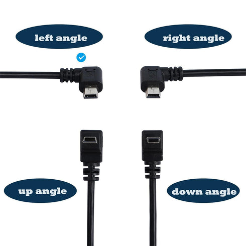 90 Degree Mini USB Cable 4.9FT, Black Left Angle, Mini 5pin USB B Male to USB 2.0 Male for GPS Dash Cam Data Sync.