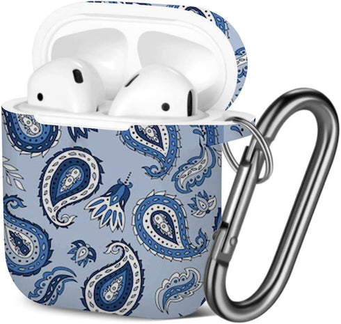 Shockproof Soft TPU Gel Case Cover for AirPods 1 & 2 with Keychain Carabiner - Paisley Blue