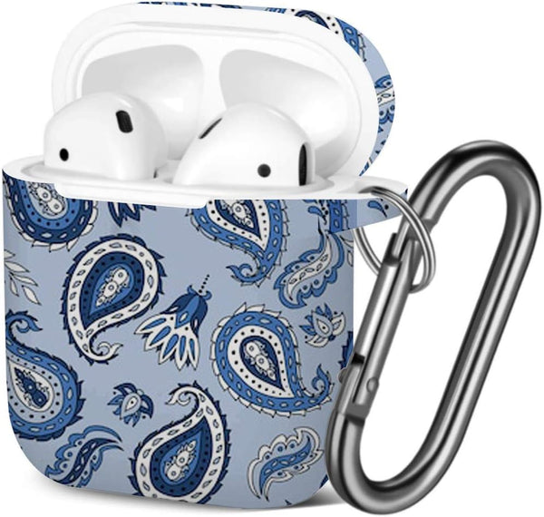 Shockproof Soft TPU Gel Case Cover for AirPods 1 & 2 with Keychain Carabiner - Paisley Blue