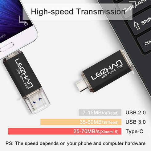 LEIZHAN USB C Flash Drive 32GB - Type C Thumb Drive for Samsung Galaxy S10, S10e, S9, S8, LG G5 G6, Black
