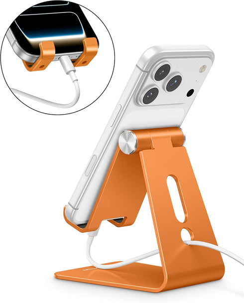 OMOTON Adjustable Cell Phone Stand, Aluminum Desktop Cellphone Stand with Anti-Slip Base and Convenient Charging Port