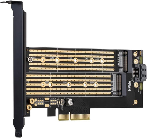 Dual M.2 PCIE Adapter for SATA or PCIE NVMe SSD, Advanced Heat Sink Solution