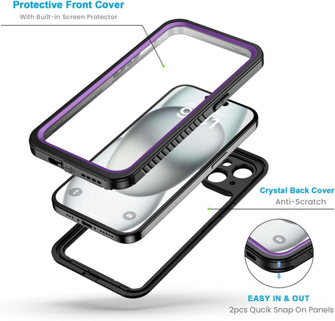 Lanhiem for iPhone 15 Plus Case, IP68 Waterproof Dustproof with Built-in Screen Protector, 360 Full Body Cover, Purple