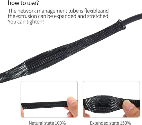 Black PET Expandable Sleeving, Cord Protector Wire Loom Tubing for USB Charger Cable, Power Cord, Audio Video Cable