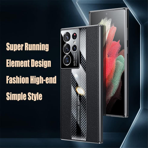 Samsung Galaxy S22 Ultra Case 5G, Luxury TPU Carbon Fiber & Leather Back Cover, Shockproof Phone Case Black