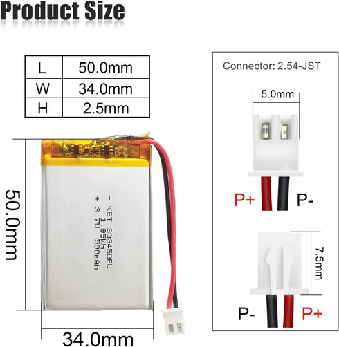 KBT 3.7V 500mAh Li-Polymer Battery: 303450 Rechargeable Li-ion Batteries Replacement with 2.54 JST Connector for Car Dash Camera Recorder, Baby Monitor, Electric Toy, Headlamp, Night Light - 2pack by KBT KEEP BETTER TECH