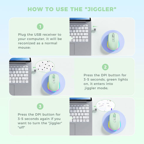 PEIOUS Wireless Mouse Jiggler - LED Wireless Mice with Built-in Mouse Mover, Rechargeable for Laptop