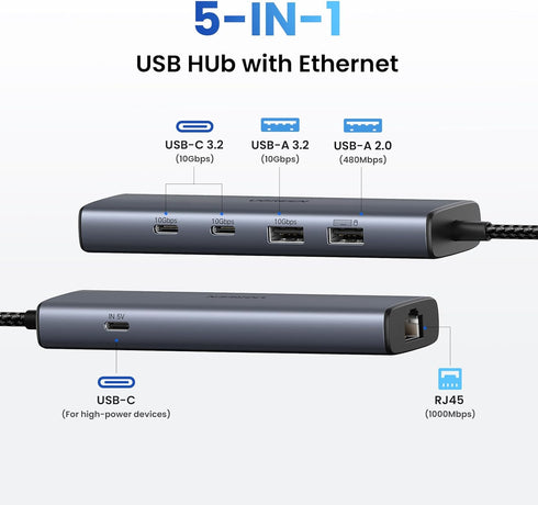 UGREEN USB to Ethernet Adapter, 5 in 1 USB Hub with Gigabit RJ45, USB-C 3.2, USB-A 3.2/2.0 for Laptop