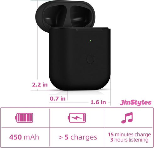 Jinstyles Wireless Charging Case Replacement for AirPods 1st & 2nd Generation, Black, with Bluetooth Sync Pairing Button