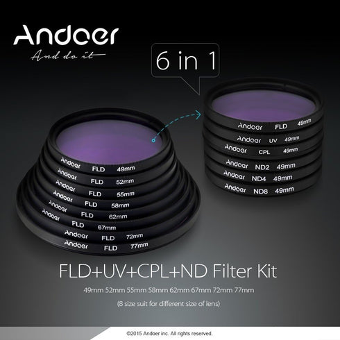 Andoer 55mm Filter Kit UV+CPL+FLD+ND(ND2 ND4 ND8) for Nikon Canon Sony Pentax DSLRs