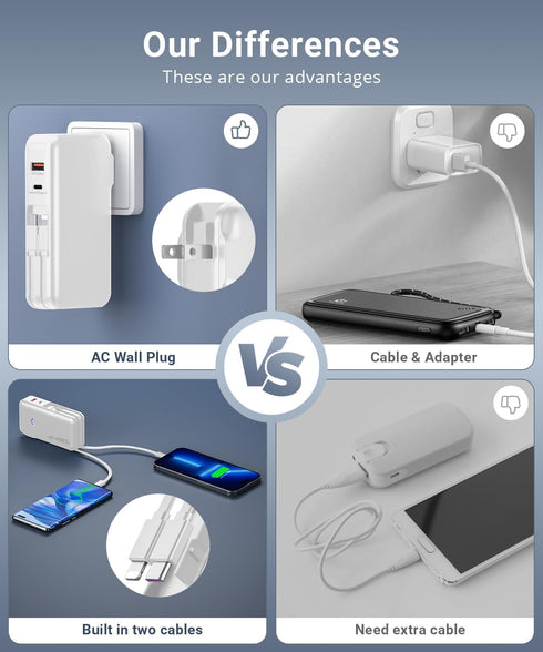QiSa 16000mAh 30W QC4.0 Portable Charger, Power Bank, Power Bank Built-in AC Wall Plug and Cables, PD and Fast Charger