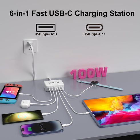 100W GaN USB C Fast Charger Block, Compact 6 Port GaN Charging Station HUB for iPhone 15 14 13 12 Pro Max, iPad Pro